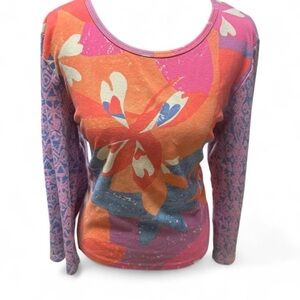 Y2k floral graphic long sleeve tee SO blue Sigrid Olsen XL top early 2000s vtg